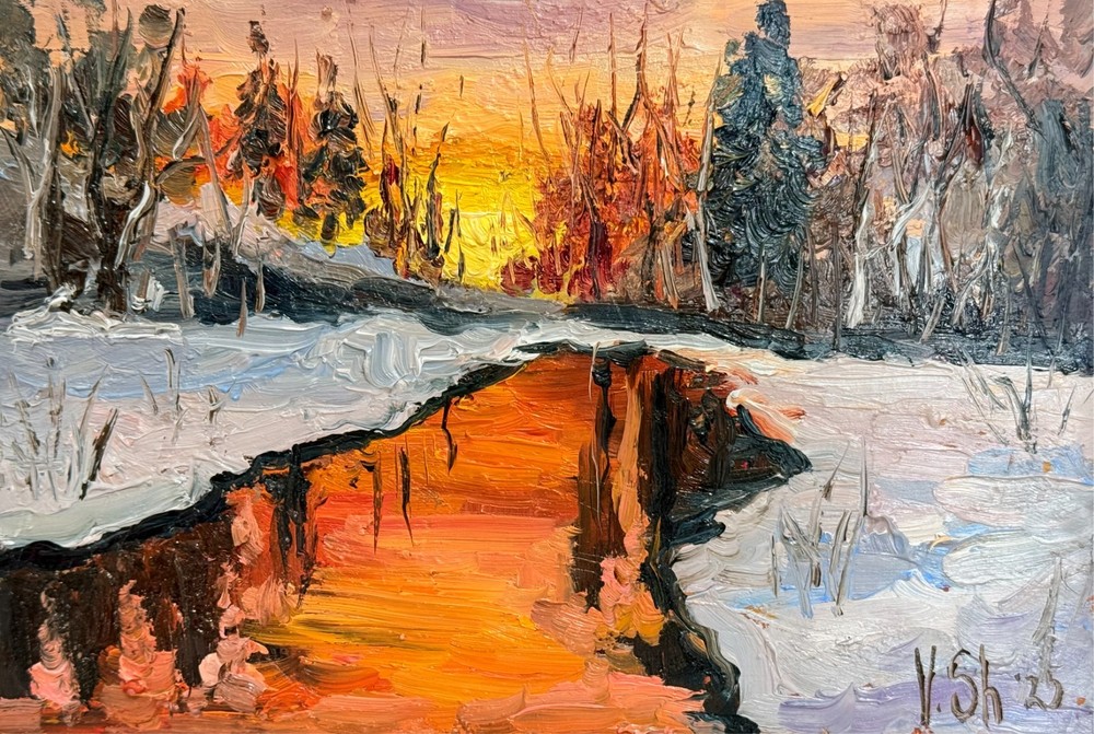 Original Oil Painting Winter Landscape Sunset Impressionism Art Signed 5.5×8 in
