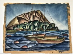 ANTIQUE MODERNIST PAINTING EXHIBITED IN SAN FRANCISCO 1930’S CUBISM WPA COASTAL