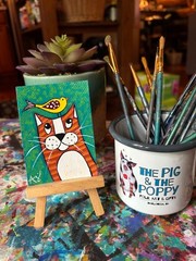 ACEO original painting folk art orange cat bird animals Amy Sullivan OOAK kitty