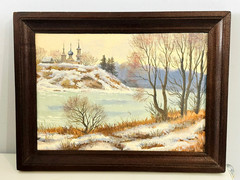 Vtg Russian Soviet USSR Art Oil Painting Canvas Church Landscape Original Stamp
