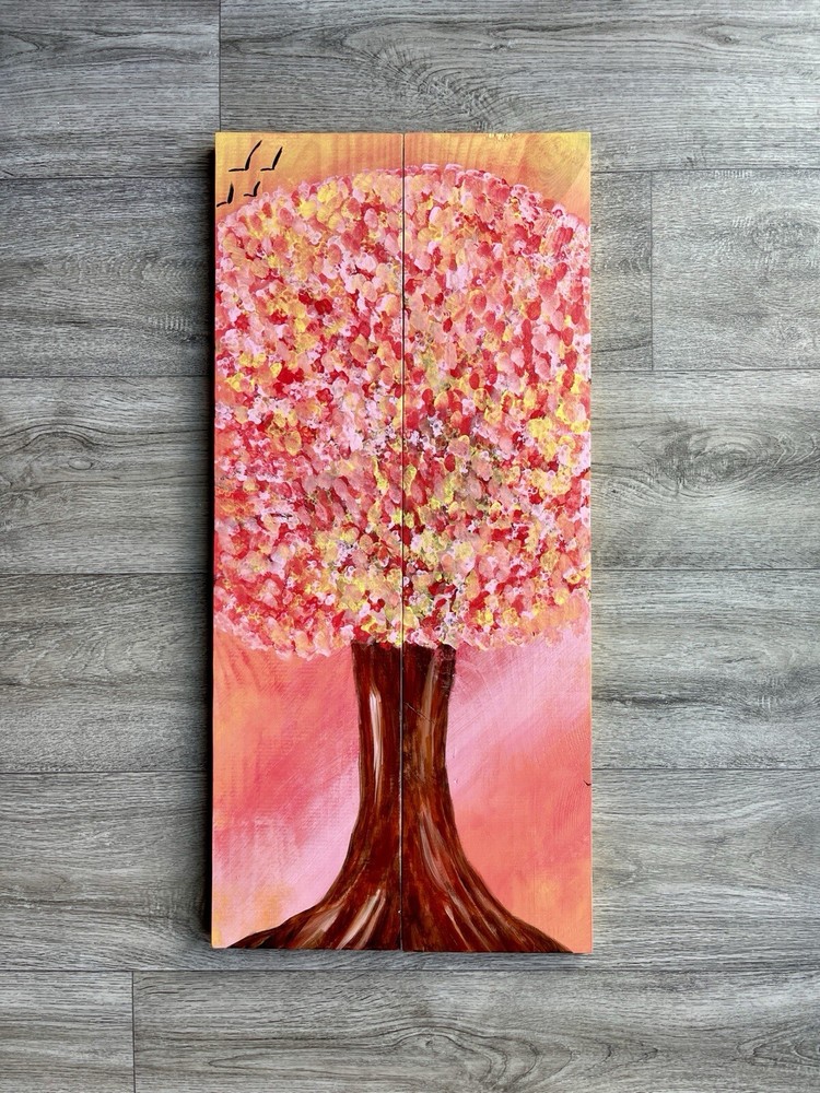 abstract painting, Tree Art, Wood Art, Pink, Red, Yellow, Nature, Wall Art, Home