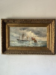 ANTIQUE 19TH CENTURY FRENCH IMPRESSIONIST OIL PAINTING OLD SEASCAPE SHIP BOAT
