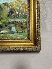 Original Oil Impressionist Painting: Suspension Bridge/ River 11” X 14”: Framed