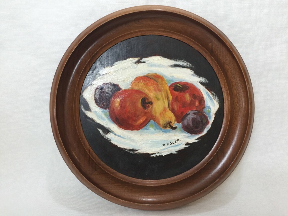 R. Esler Original Oil Painting Still Life w/Round Wooden Frame, Signed, 8 1/2″ D