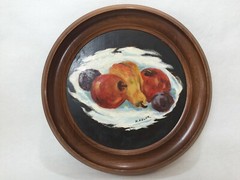 R. Esler Original Oil Painting Still Life w/Round Wooden Frame, Signed, 8 1/2″ D