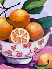 Original Still Life Painting 10″x10″ Acrylic on Wood Bowl of Oranges, Citrus Art