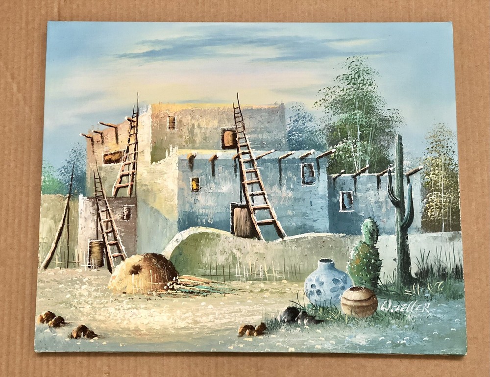 90’s 16×20 Signed Oil Painting ‚W. Zeller‘ Southwest/Adobe Houses Cactus Desert