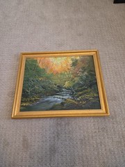 Ed Mosher Forest and Waterfall Oil Painting 23 x 19 Inches, Gold Frame