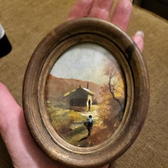 Antq Miniature Oil Painting Landscape, with Oval Gold/Wood frame ca. 1900
