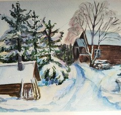 Winter Village painting, Original landscape art, Watercolor snowy wall art