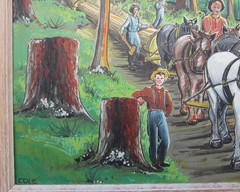 LOGGING SCENE PAINTING Horses Loggers Stumps Logs Moonshine 18″ x 24″ FOLK ART