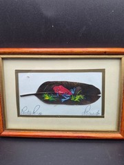 Hand-Painted Feather Art Costa Rica Red Frog Framed 6.5×4.5 Signed Jose Garro