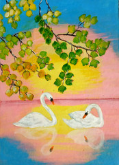 A pair of swans on a lake. Pink sunset. Colorful autumn tree. Original acrylic
