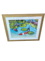 Original Oil Painting Koi Fishes Pond Water Impressionism Handpaint Framed 32X41