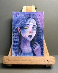 ACEO Original Watercolor OOAK Painting Moon Goddess Girl Stars Portrait Fantasy