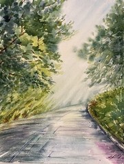 Watercolor Original Painting Road through woods Sunrise