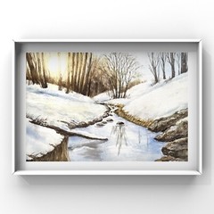 Original new watercolor painting „Winter river” $55 Home decor Art