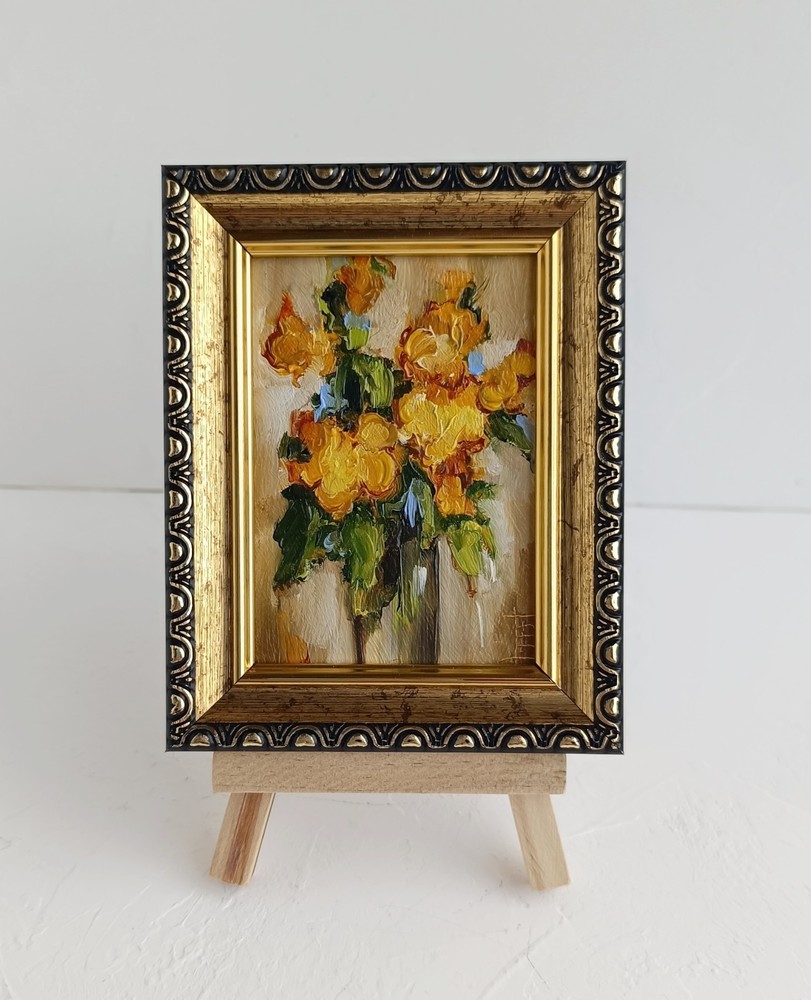 ACEO Yellow Flowers Original Oil Painting Abstract Floral Mini Art 2.5×3.5 in