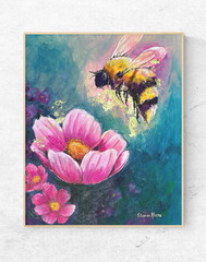 Pink Cosmos and Bumblebee – Original Abstract Realism Art 14×11 Acrylic Painting