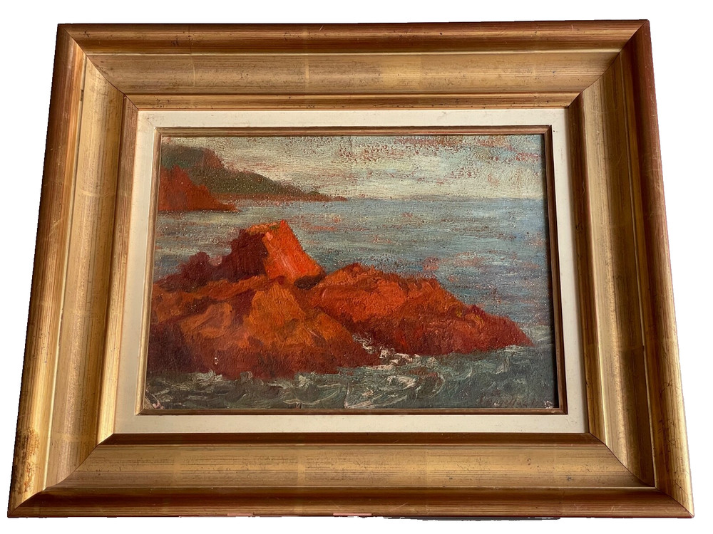 1920s French Impressionism Original Oil on Board Signed Seascape Red Rocks Sea