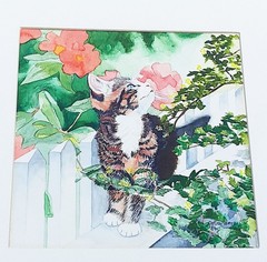 Darling Cat On Fence Original Watercolor Painting by D. Ostrander 8-7/8 X 9-1/4