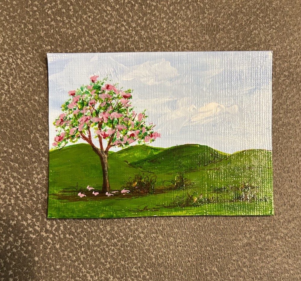 ACEO Original Acrylic Landscape Painting Spring Flower Trees Blue Sky