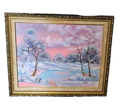 Serene winter landscape with snow-covered trees and a frozen lake 16″20″ Signed