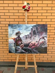 Original Ukrainian War Oil Painting Flamingo Fire Natalia Savchenko Ukraine