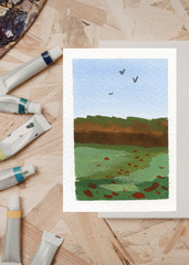 ACEO Art Trading Card Field and Flowers Gouache Painting OOKA Original Painting