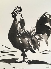 PDQ Artist Original Farm Animals Rooster Impressionist Realism Sumi-E Paintings