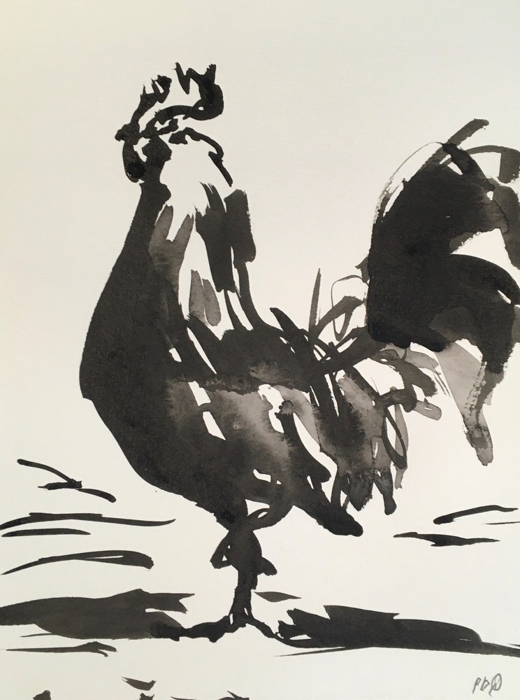 PDQ Artist Original Farm Animals Rooster Impressionist Realism Sumi-E Paintings