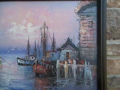 Vintage W. Jones Signed Oil Painting Harbor Boats Seascape Framed Art 23″ x 19″