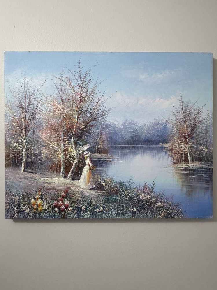 Vintage Oil Painting On Canvas “Lady by The Lake” Unsigned Unframed 20”x16”