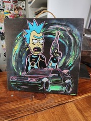 10×10” Cyberpunk Rick & Morty Painting – Neon Acrylic on Wood, Fan Art Fusion