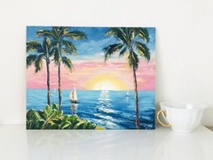 Original Hawaii Painting Hawaiian Tropical Seascape Sunset Sailboat Oil 9 x 12″