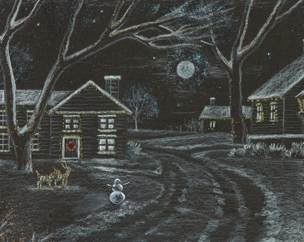 8X10 PRINT OF PAINTING SNOWMAN WINTER MOON RYTA REINDEER XMAS Frosty Folk Art 🎄