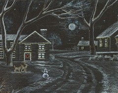 8X10 PRINT OF PAINTING SNOWMAN WINTER MOON RYTA REINDEER XMAS Frosty Folk Art 🎄