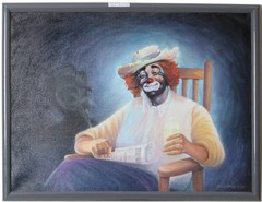 Vintage Original Anthony Sidoni Oil Painting – Between the Acts #3 Clown Circus