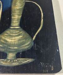 Still Life Painting On Board~Candle Apple Lamp~Wall Hanging Signed 1964