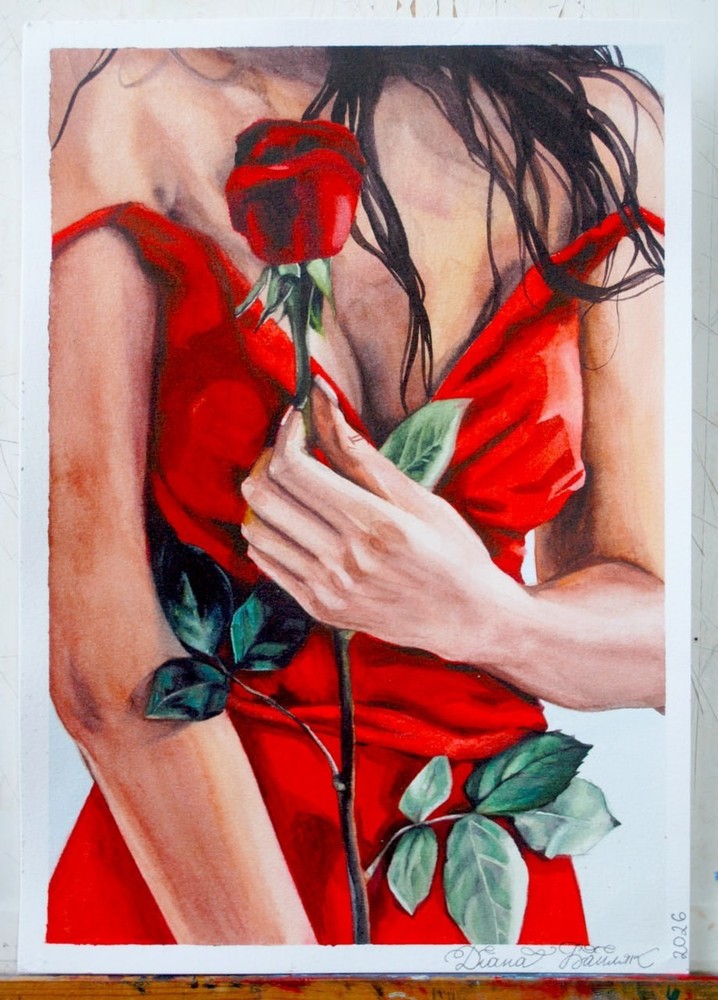 Original Watercolor Painting – Woman with Red Rose | A4 | One of a Kind Artwork