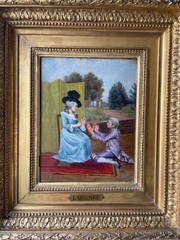 19th C. Victorian Painting Signed – Portrait Lady & Pretender – Antique Frame
