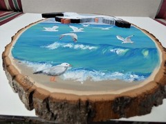 Hand Painted Lake Superior Seagull Wood Cut-Out On Live Edge Basswood By Phyllis