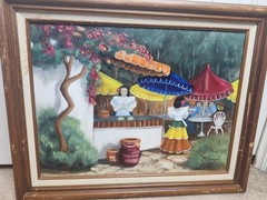 Mid-Century Mexican Market Scene Oil Painting by Margaret Rangel (San Diego)
