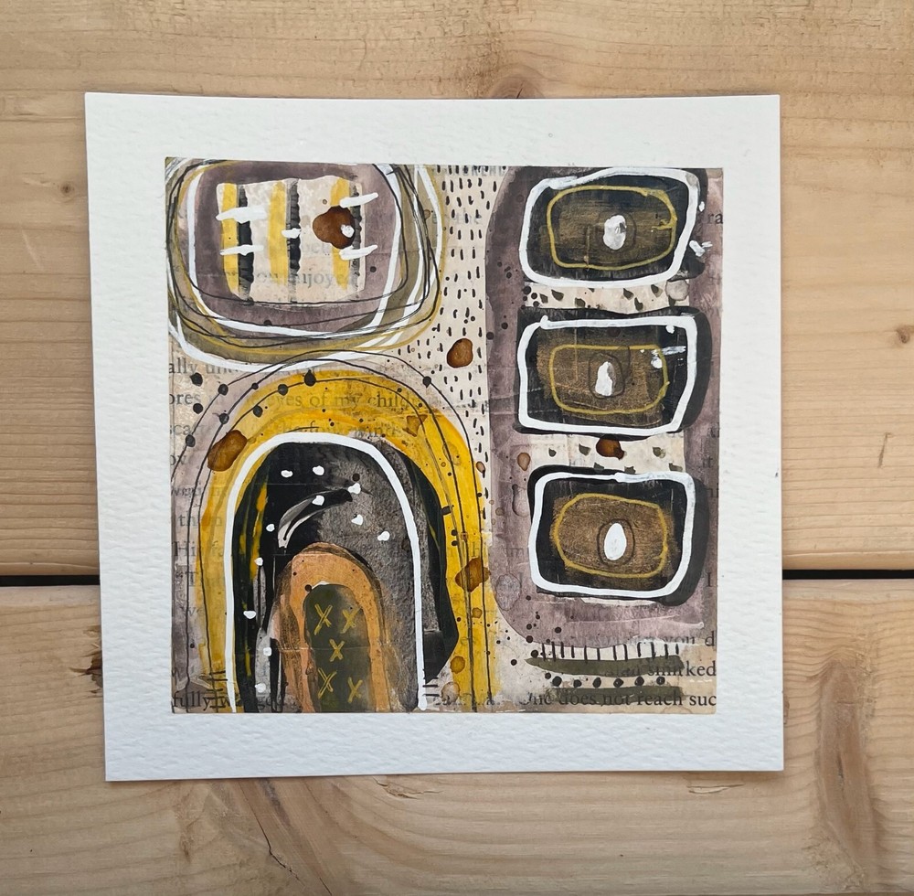 Neutral Tribal Abstract Watercolor Wall Art Original Mixed Media Mounted 5”x5”