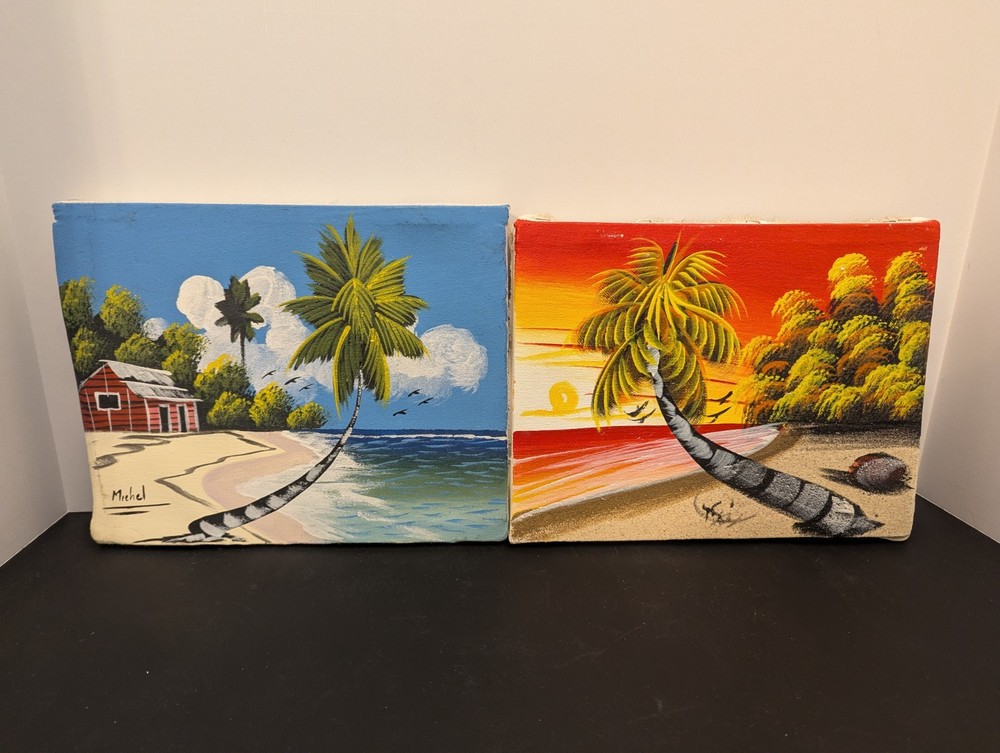 Palm Trees Beach Landscape Sand Texture Signed Original Painting Set/2 Vacation