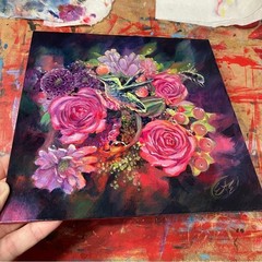 Original hummingbird floral painting bumblebee ladybug bouquet flowers gift USA