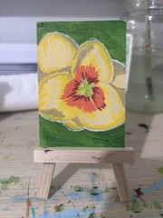 ACEO Original Art, Yellow Hibiscus Flower, Acrylic Marker Painting