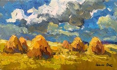 Oil Painting Haystacks Sky Kalenyuk O Original Framed Wall Hanging nKalen562AAA