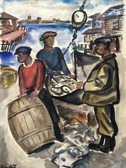 Antique New Jersey Painting Black Fisherman Fish Market Maurice Bilton Rare