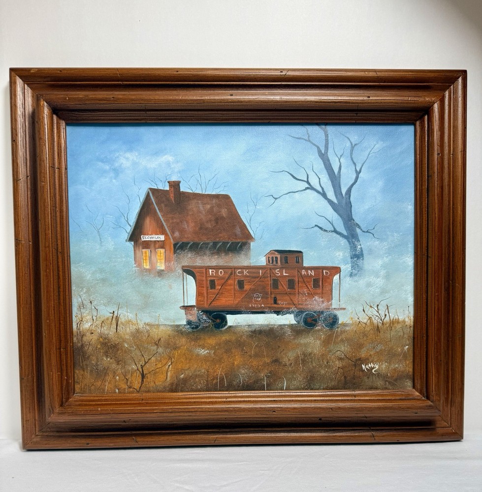 Vintage Rock Island Railroad Caboose Oil Painting – Signed Kathy – 18×15 Framed
